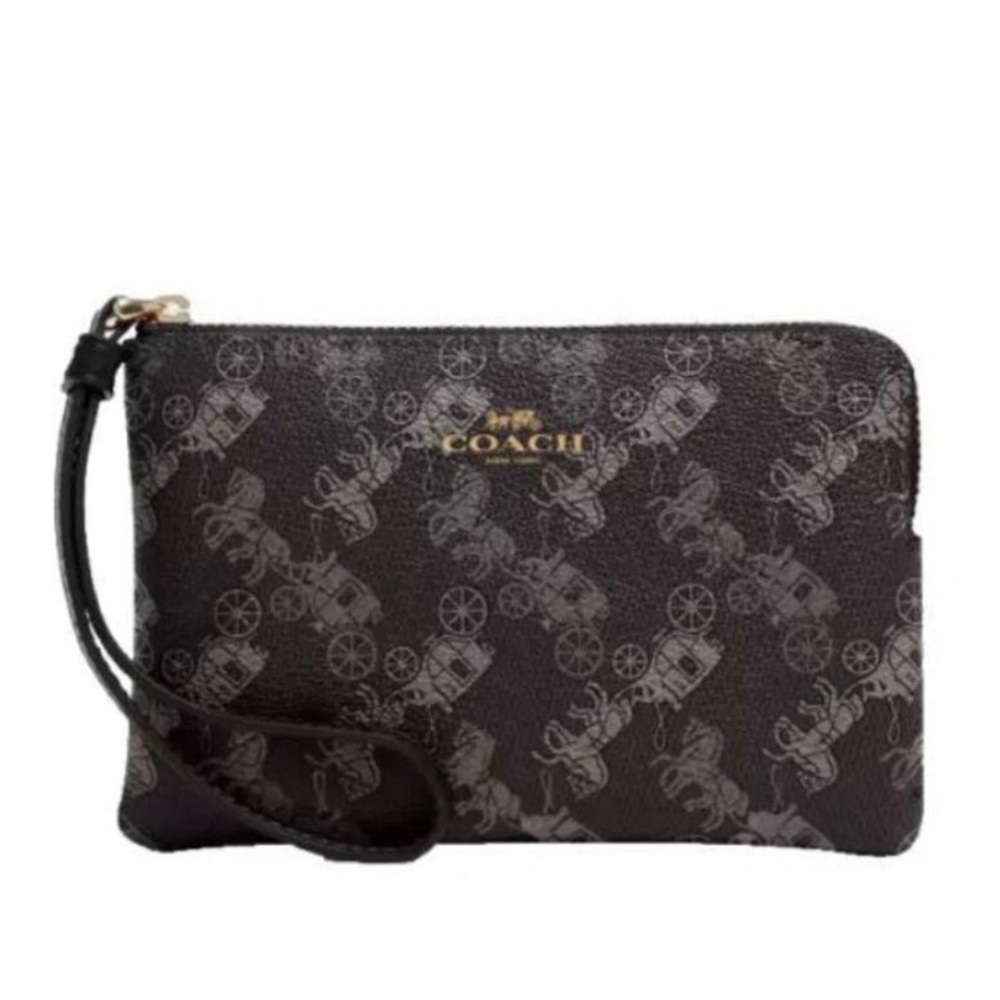 Coach Corner Zip Wristlet Wallet with Horse & Carriage Print Black Grey - Picture 4 of 9